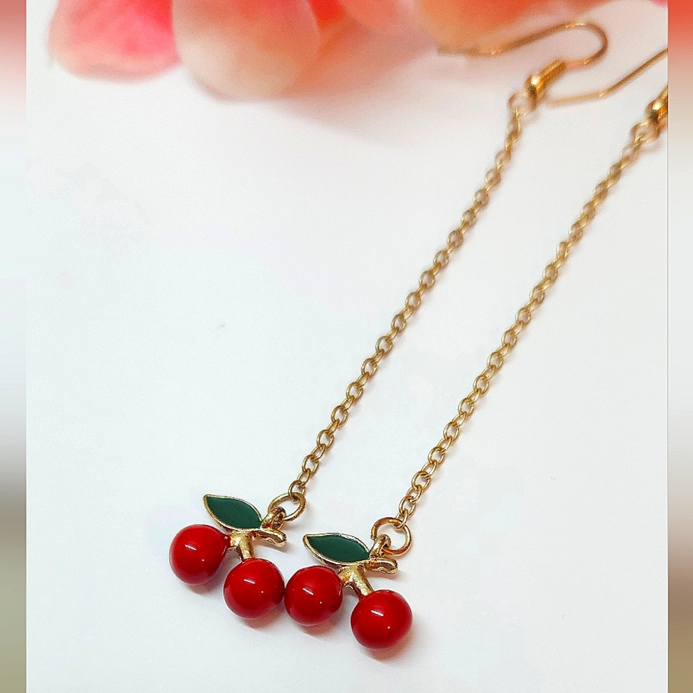 Red Cherry Stem Gold Plated Chain Dangle Earrings 3" Long Dangle Earrings